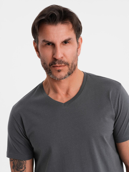 Ombre Clothing Pánske klasické bavlnené tričko BASIC s výstrihom do V - grafitová