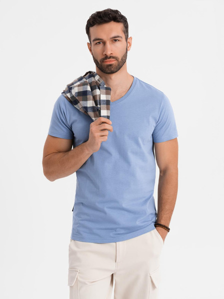 Ombre Clothing Pánske klasické bavlnené tričko BASIC s výstrihom do V - modré