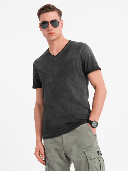 Ombre Clothing Pánske bavlnené tričko s výstrihom do V a praným efektom - čierne