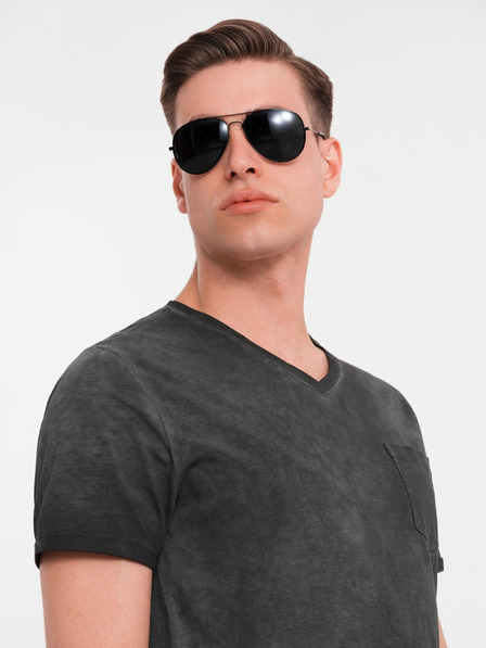 Ombre Clothing Pánske bavlnené tričko s výstrihom do V a praným efektom - čierne