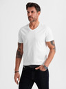 Ombre Clothing Pánske klasické bavlnené tričko BASIC s výstrihom - biele