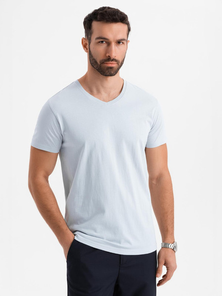 Ombre Clothing Pánske klasické bavlnené tričko BASIC s výstrihom - svetlo sivé