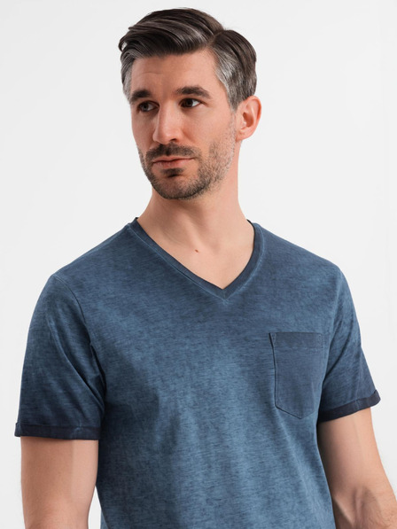 Ombre Clothing Pánske bavlnené tričko so výstrihom do V a praným efektom - tmavo modré
