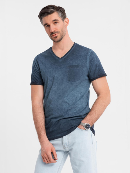 Ombre Clothing Pánske bavlnené tričko so výstrihom do V a praným efektom - tmavo modré