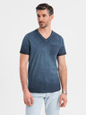 Ombre Clothing Pánske bavlnené tričko so výstrihom do V a praným efektom - tmavo modré