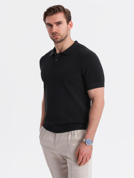 Ombre Clothing Pánske bavlnené polo tričko zo štruktúrovaného úpletu - čierne