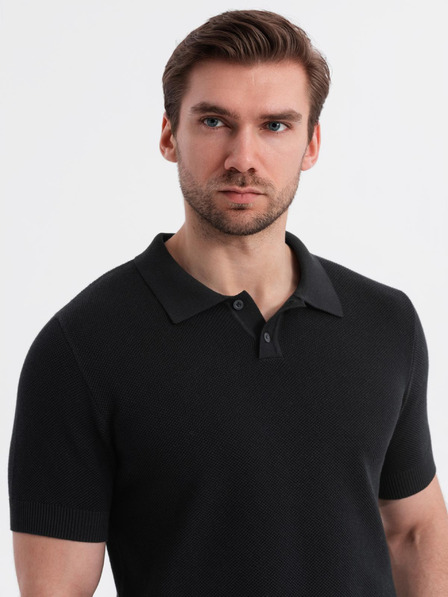 Ombre Clothing Pánske bavlnené polo tričko zo štruktúrovaného úpletu - čierne