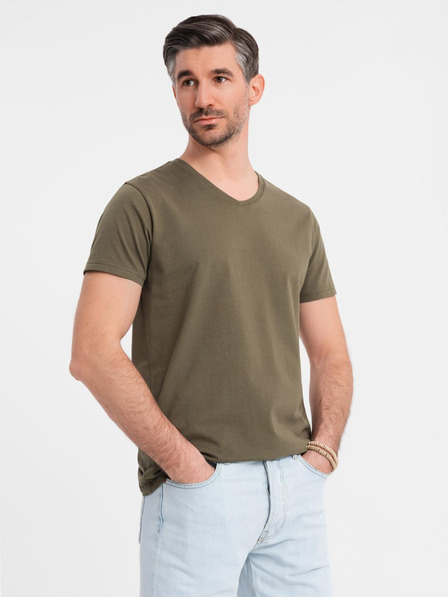 Ombre Clothing Pánske klasické bavlnené tričko BASIC so výstrihom do V - tmavo olivovo zelené