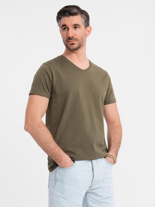Ombre Clothing Pánske klasické bavlnené tričko BASIC so výstrihom do V - tmavo olivovo zelené