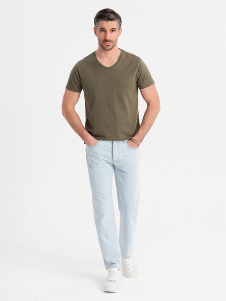 Ombre Clothing Pánske klasické bavlnené tričko BASIC so výstrihom do V - tmavo olivovo zelené