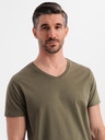Ombre Clothing Pánske klasické bavlnené tričko BASIC so výstrihom do V - tmavo olivovo zelené