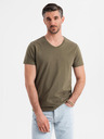 Ombre Clothing Pánske klasické bavlnené tričko BASIC so výstrihom do V - tmavo olivovo zelené