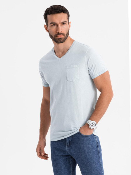 Ombre Clothing Pánske bavlnené tričko so výstrihom do V a praným efektom - šedé