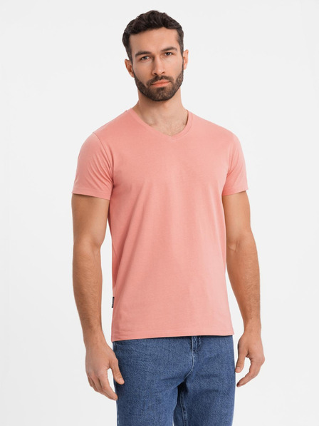 Ombre Clothing Pánske klasické bavlnené tričko BASIC so výstrihom - ružové