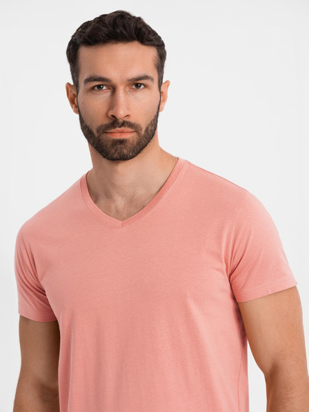 Ombre Clothing Pánske klasické bavlnené tričko BASIC so výstrihom - ružové