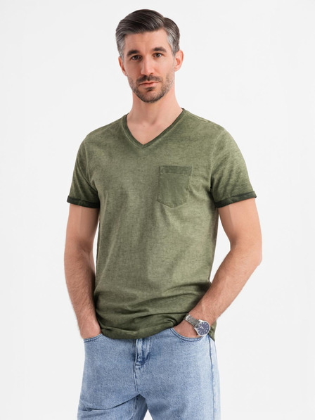 Ombre Clothing Pánske bavlnené tričko so výstrihom do V a praným efektom - olivové