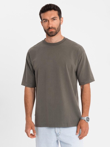 Ombre Clothing Pánske bavlnené tričko LOOSE FIT s okrúhlym výstrihom - tmavo olivové