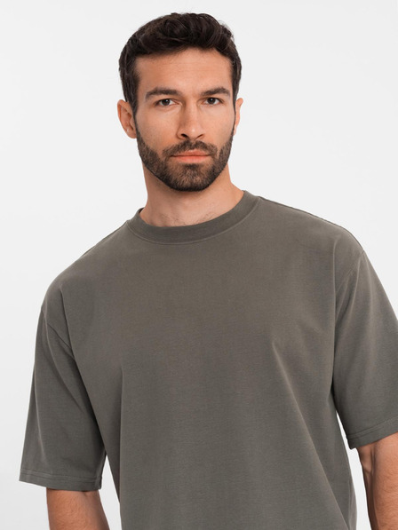 Ombre Clothing Pánske bavlnené tričko LOOSE FIT s okrúhlym výstrihom - tmavo olivové