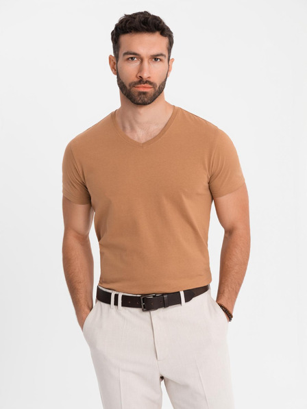 Ombre Clothing Pánske klasické bavlnené tričko BASIC so výstrihom do V - hnedé