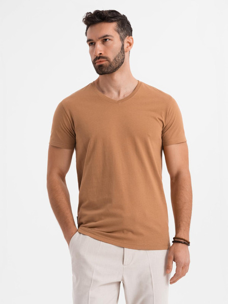 Ombre Clothing Pánske klasické bavlnené tričko BASIC so výstrihom do V - hnedé