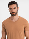 Ombre Clothing Pánske klasické bavlnené tričko BASIC so výstrihom do V - hnedé