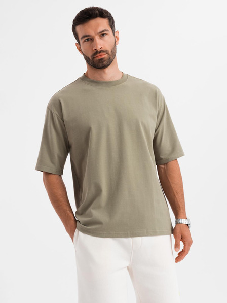 Ombre Clothing Pánske bavlnené tričko LOOSE FIT s okrúhlym výstrihom - khaki