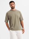 Ombre Clothing Pánske bavlnené tričko LOOSE FIT s okrúhlym výstrihom - khaki