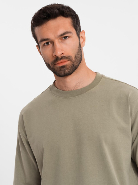 Ombre Clothing Pánske bavlnené tričko LOOSE FIT s okrúhlym výstrihom - khaki