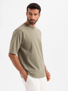 Ombre Clothing Pánske bavlnené tričko LOOSE FIT s okrúhlym výstrihom - khaki