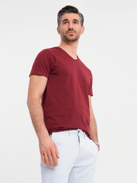 Ombre Clothing Bavlnené klasické pánske tričko BASIC so výstrihom do V - bordó