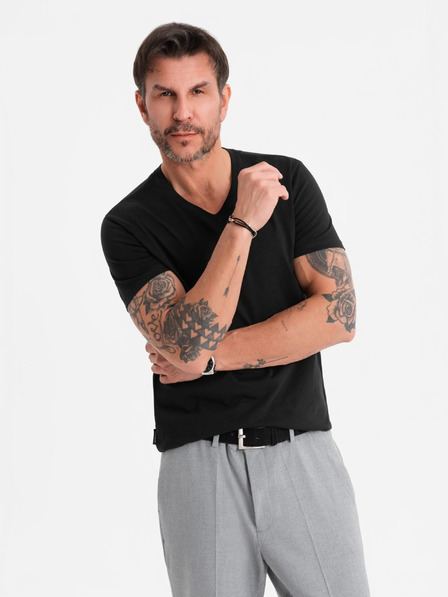 Ombre Clothing Pánske klasické bavlnené tričko BASIC so výstrihom - čierne