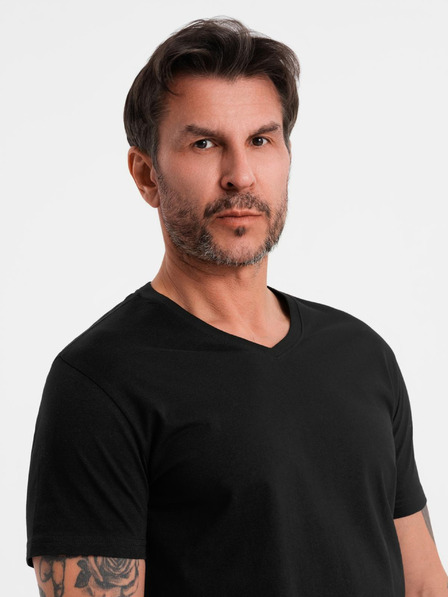 Ombre Clothing Pánske klasické bavlnené tričko BASIC so výstrihom - čierne