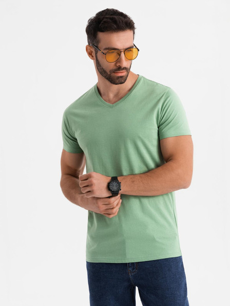 Ombre Clothing Bavlnené klasické pánske tričko BASIC so výstrihom do V - zelené