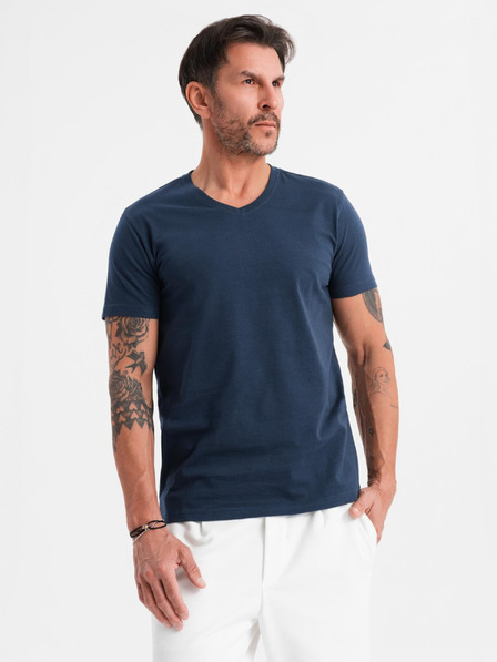 Ombre Clothing Pánske klasické bavlnené tričko BASIC so výstrihom do V - tmavo modré