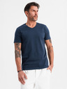 Ombre Clothing Pánske klasické bavlnené tričko BASIC so výstrihom do V - tmavo modré