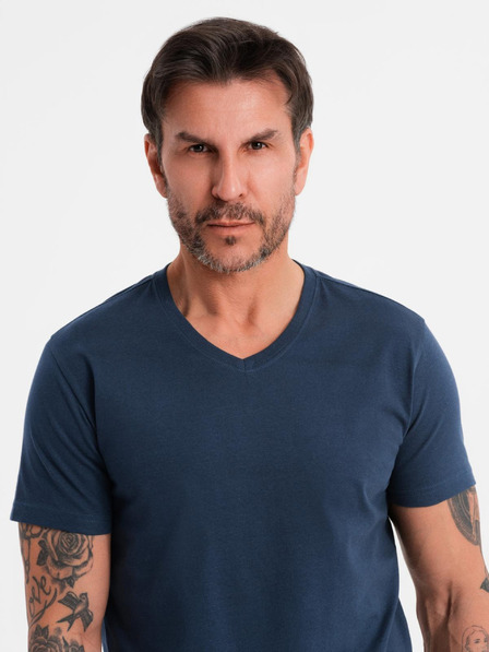 Ombre Clothing Pánske klasické bavlnené tričko BASIC so výstrihom do V - tmavo modré