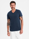 Ombre Clothing Pánske klasické bavlnené tričko BASIC so výstrihom do V - tmavo modré