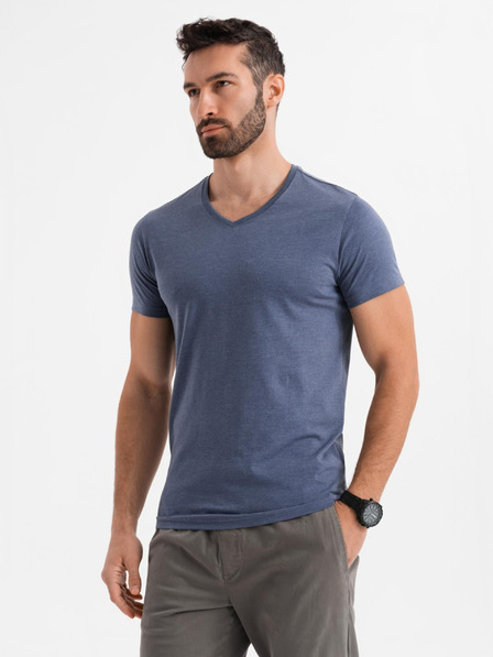 Ombre Clothing Pánske klasické bavlnené tričko BASIC so výstrihom do V - modrý melír