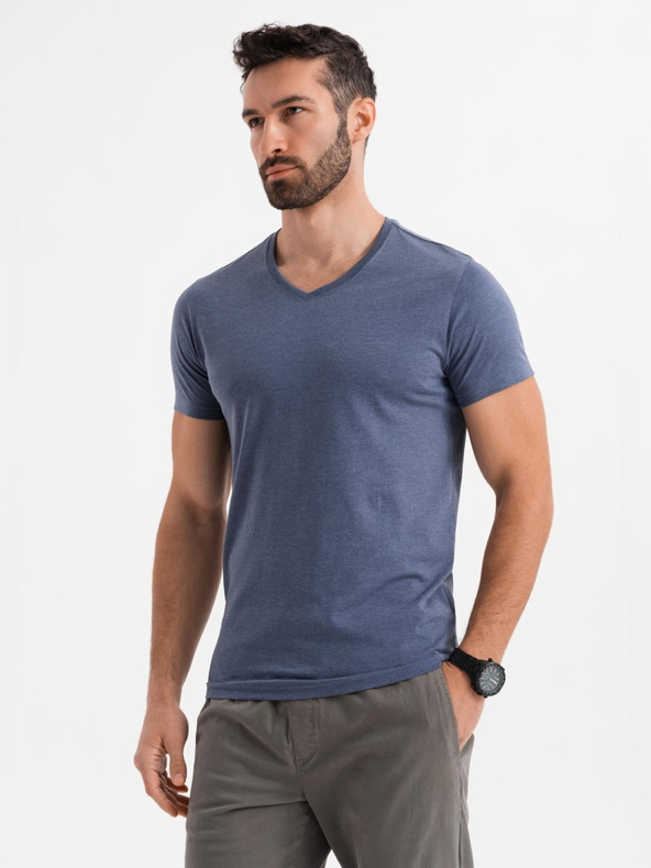 Ombre Clothing Pánske klasické bavlnené tričko BASIC so výstrihom do V - modrý melír
