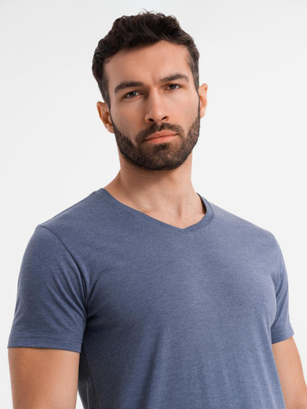 Ombre Clothing Pánske klasické bavlnené tričko BASIC so výstrihom do V - modrý melír