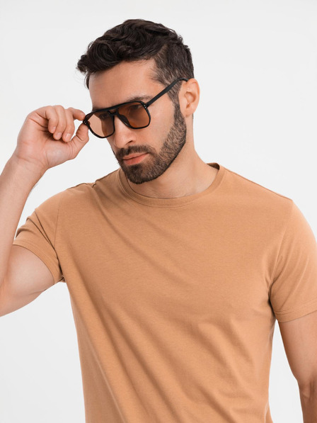 Ombre Clothing BASIC pánske klasické bavlnené tričko - hnedé