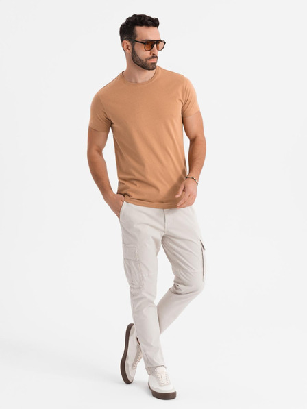 Ombre Clothing BASIC pánske klasické bavlnené tričko - hnedé