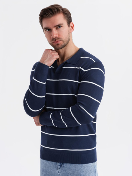 Ombre Clothing Pánska polokošeľa s dlhým rukávom a vodorovným pruhom z viskózy - tmavo modrá a biela