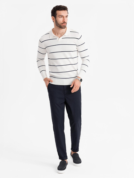 Ombre Clothing Pánska polokošeľa s dlhým rukávom a vodorovným pruhom z viskózy - biela a tmavo modrá