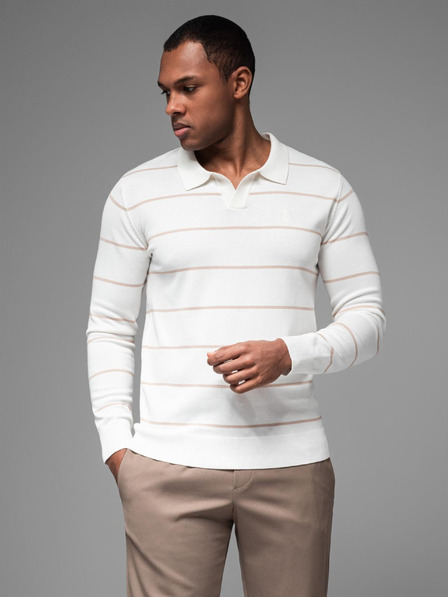 Ombre Clothing Pánska polokošeľa s dlhým rukávom a vodorovným pruhom z viskózy - biela a béžová