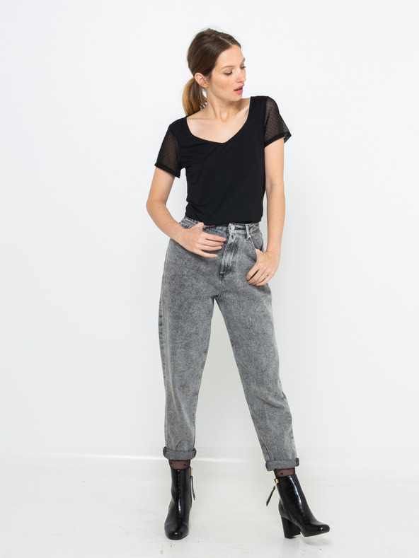 CAMAIEU Čierne tričko s priesvitnými rukávmi CAMAIEU