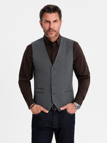 Ombre Clothing Pánska sivá obleková vesta s klasickými detailmi a podšívkou