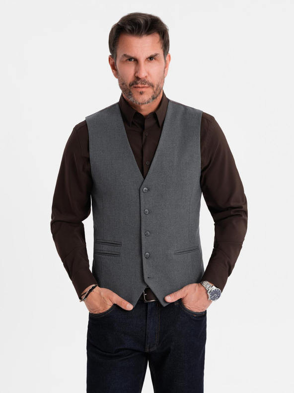 Ombre Clothing Pánska sivá obleková vesta s klasickými detailmi a podšívkou