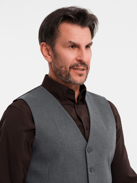 Ombre Clothing Pánska sivá obleková vesta s klasickými detailmi a podšívkou