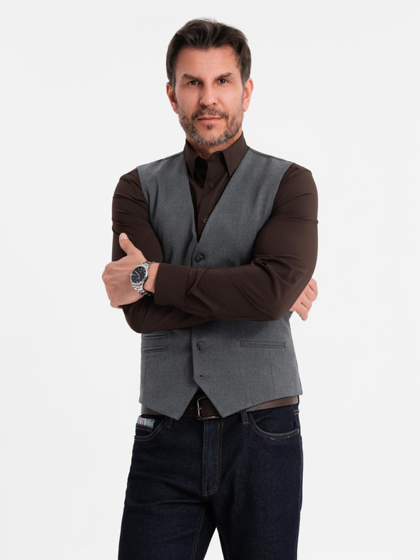 Ombre Clothing Pánska sivá obleková vesta s klasickými detailmi a podšívkou